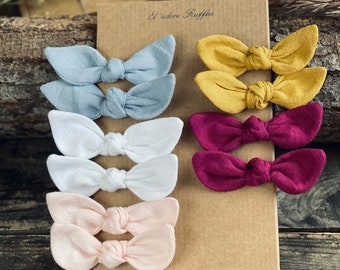 Multiple colors. Super cute mini knot bows from linen on alligator clip. Bunny ears pony tail bow. Women, girl, kid, toddler hair accessory.