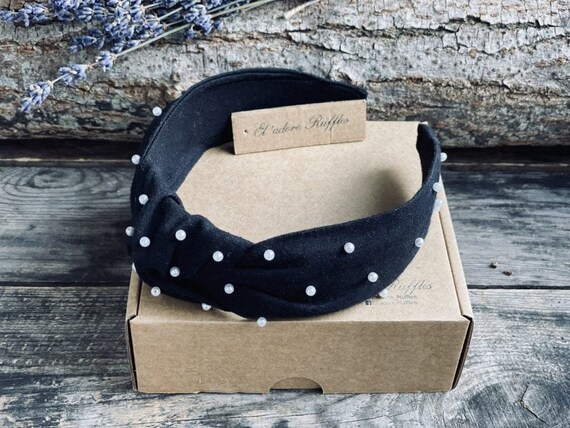 Luxury headband wide padded knotted TOP black white embroidered pattern Twine and Love | Custom Knotted Headband | Solid Color Headbands main image 3