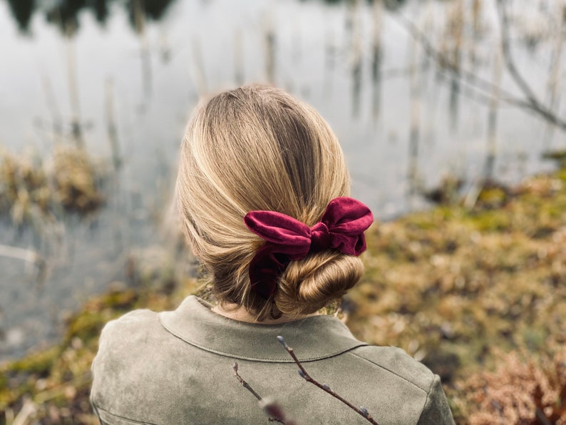 pony tail holder Burgundy red color Women Extra full hair band gril bow accessory Elegant gift box. Large velvet bunny ear scrunchie