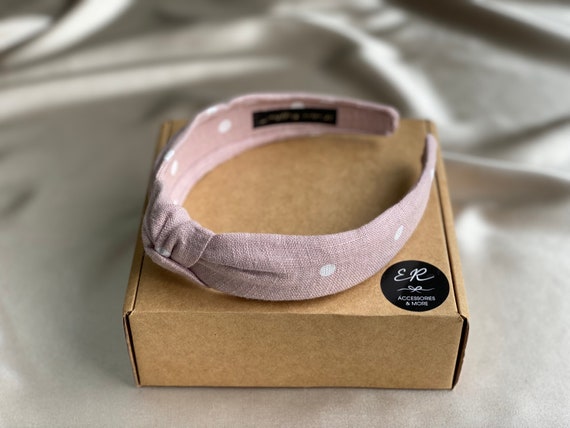 Narrow Knotted Linen Headband Pastel Pink With Dots. Hair 