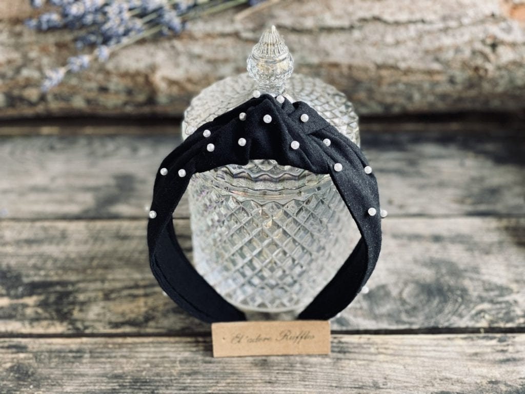 Luxury headband wide padded knotted TOP black white embroidered pattern Twine and Love | Custom Knotted Headband | Solid Color Headbands main image 2