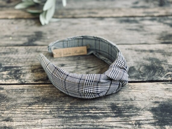 Knotted Cotton Headband Plaid Black, Navy Blue, Mustard  display picture 2