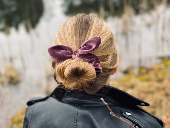 pony tail holder Burgundy red color Women Extra full hair band gril bow accessory Elegant gift box. Large velvet bunny ear scrunchie