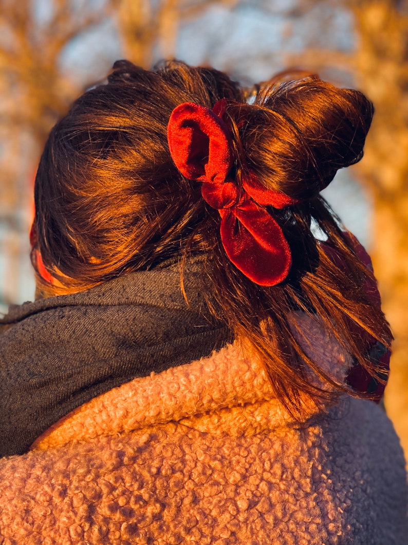 pony tail holder Burgundy red color Women Extra full hair band gril bow accessory Elegant gift box. Large velvet bunny ear scrunchie