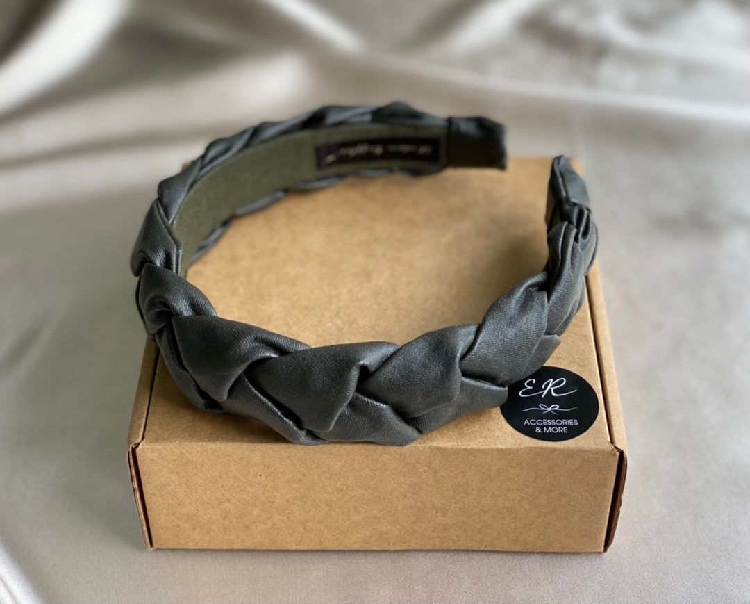 Narrow Braided Faux Leather Headband - Forest Green. Vegan  display picture 3