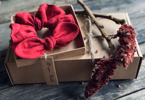 Large Linen Rabbit Ear Scrunchie. Cherry Red Color. Extra