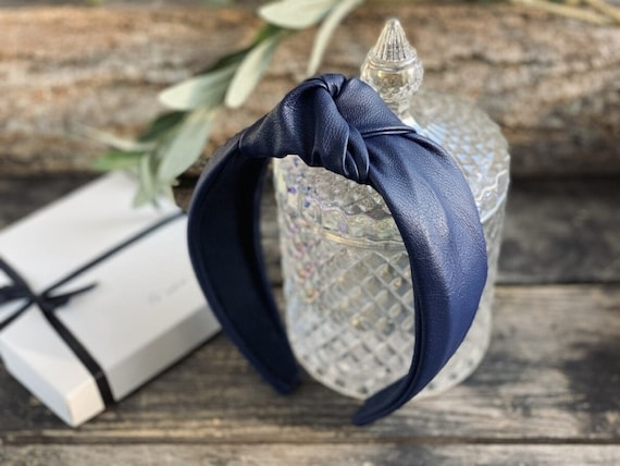 Faux Leather Knotted Headband in Dark Blue Color. Lightly 