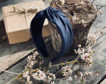 Navy Blue Knotted Linen Headband, Padded Top Knot, Gift Box