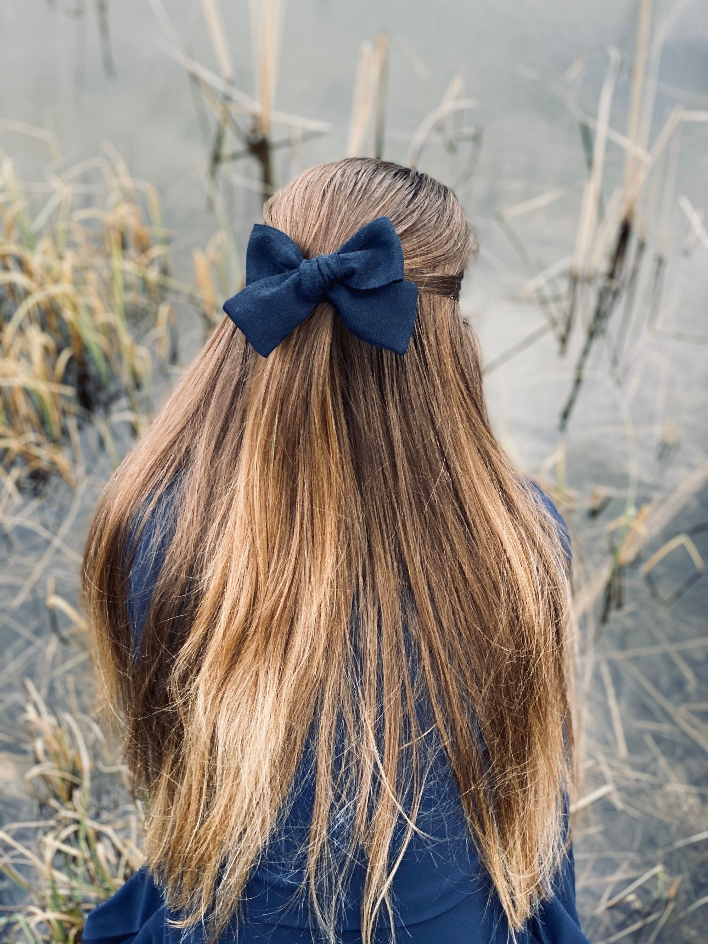 Navy Blue Velvet Ribbon Bow Hair Clip, Classic Navy Blue Velvet