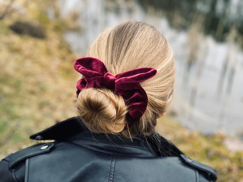 pony tail holder Burgundy red color Women Extra full hair band gril bow accessory Elegant gift box. Large velvet bunny ear scrunchie