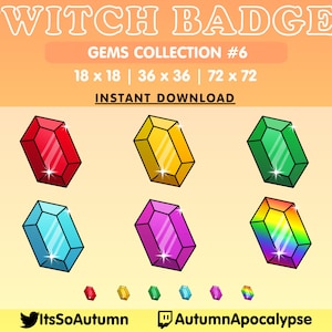 Könnte beinhalten: Sechs bunte Twitch-Badges in Form von Edelsteinen in verschiedenen Größen: 18x18, 36x36 und 72x72. Die Edelsteine sind rot, gelb, grün, blau, lila und regenbogenfarben.