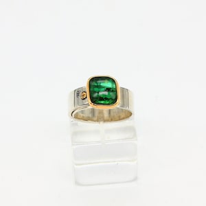 Silver Ring 22karat Gold setting with green Tourmaline gemstone Handcrafted Unique