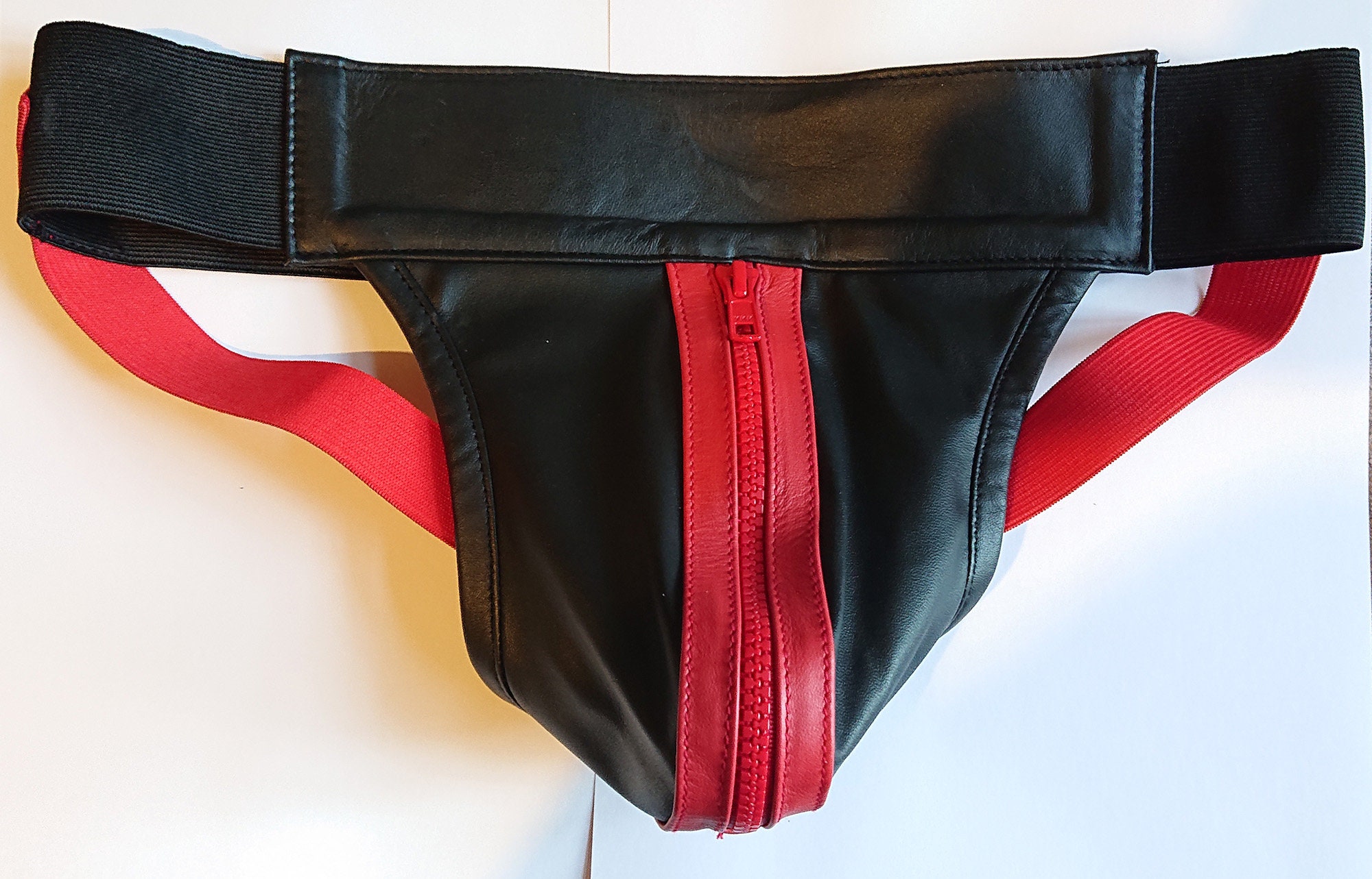 BEST SELLING 100% Real Leather Zip Jock Strap Red Stripe Red Zip Red  Elasticated Bum Strap Size 26 to 50 