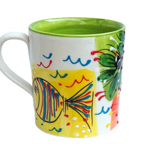 Handmade Pottery Mug: Large Ceramic Coffee/Tea Cup, Hand-Painted Fruit Design