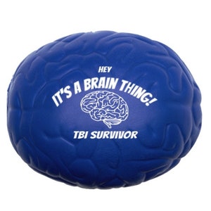 May include: Blue brain-shaped stress ball with the text "Hey It's a Brain Thing! TBI Survivor".