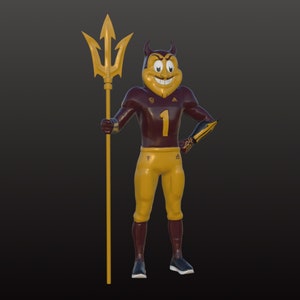 May include: A cartoon mascot wearing a maroon and gold football uniform with the number "1" on the front. The mascot is holding a gold trident.