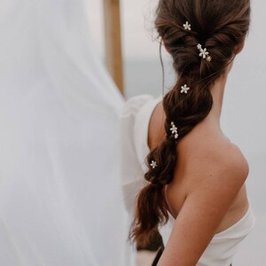 Puede incluir: Una mujer con el pelo largo y casta&ntilde;o peinado en una trenza con peque&ntilde;as pinzas para el pelo con forma de flores blancas. Las pinzas para el pelo est&aacute;n dispersas por toda la trenza.