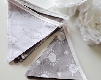 Sun and Cloud Print Bunting: Grey Nursery Decor (170cm)