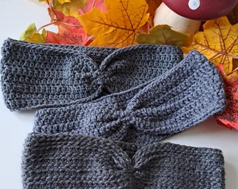 Dark Grey Earwarmers, Cinched detailed headwarmers, crocheted headbands