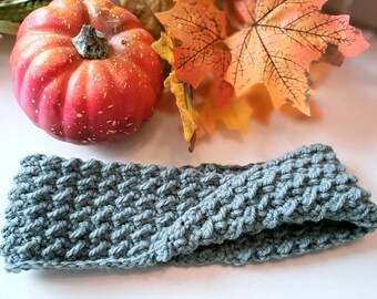 Green Earwarmer, Twisted narrow headband, handmade textured headwarmer