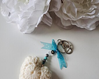 Handmade Crochet Heart Keychain: Beaded Keyring with Ribbon Bow