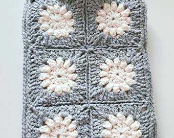 Hot water bottle cover, granny square daisy design, grey and white