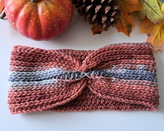 Brown Autumnal Headband, Cinched detailed headwarmer, crocheted headband