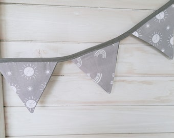 Neutral Baby Bunting: Grey Rainbow & Sun Pennant Garland
