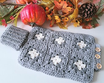 Hot water bottle cover, granny square design, grey and white