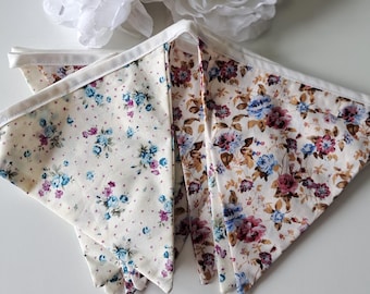 Bunting, floral vintage style bunting, cream, 10 flags, 2.5m in length.