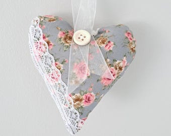 Rustic Floral Fabric Heart Hanging with Lace, Optional Personalised Keepsake Gift