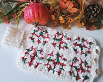 Hot water bottle cover, granny square design, White, red and green