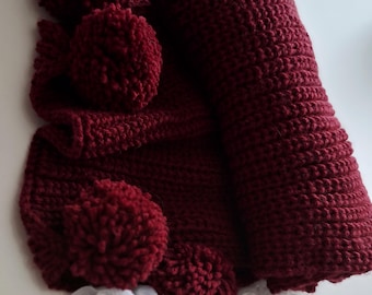 Handmade Crochet  Scarf with pom pom detail, Red Acrylic Neck Warmer