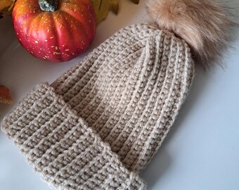Handmade Baby Beanie: Beige Wool Hat with Faux Fur Pom