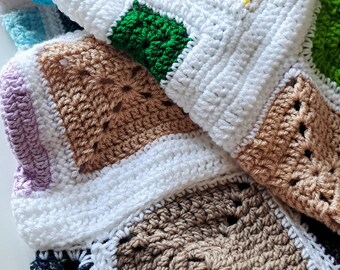 Blanket, Baby Blanket, Soft square Crochet Blanket, multicoloured and white Blanket, patchwork, push chair blanket,  approx 104cm x 104cm