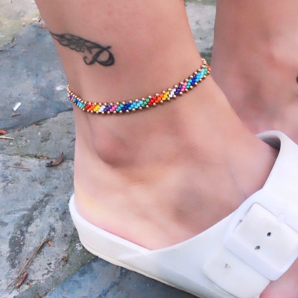 Rainbow Bead Anklet Etsy