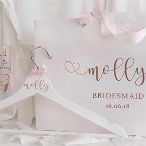Personalised Bridal Party Proposal gift set, Rose Gold bridesmaid gift, gift bag hanger and champagne flute set, bridesmaid gift