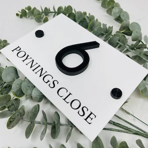 Puede incluir: Un letrero rectangular blanco con texto negro y un número negro 6. El texto dice "POYNINGS CLOSE".