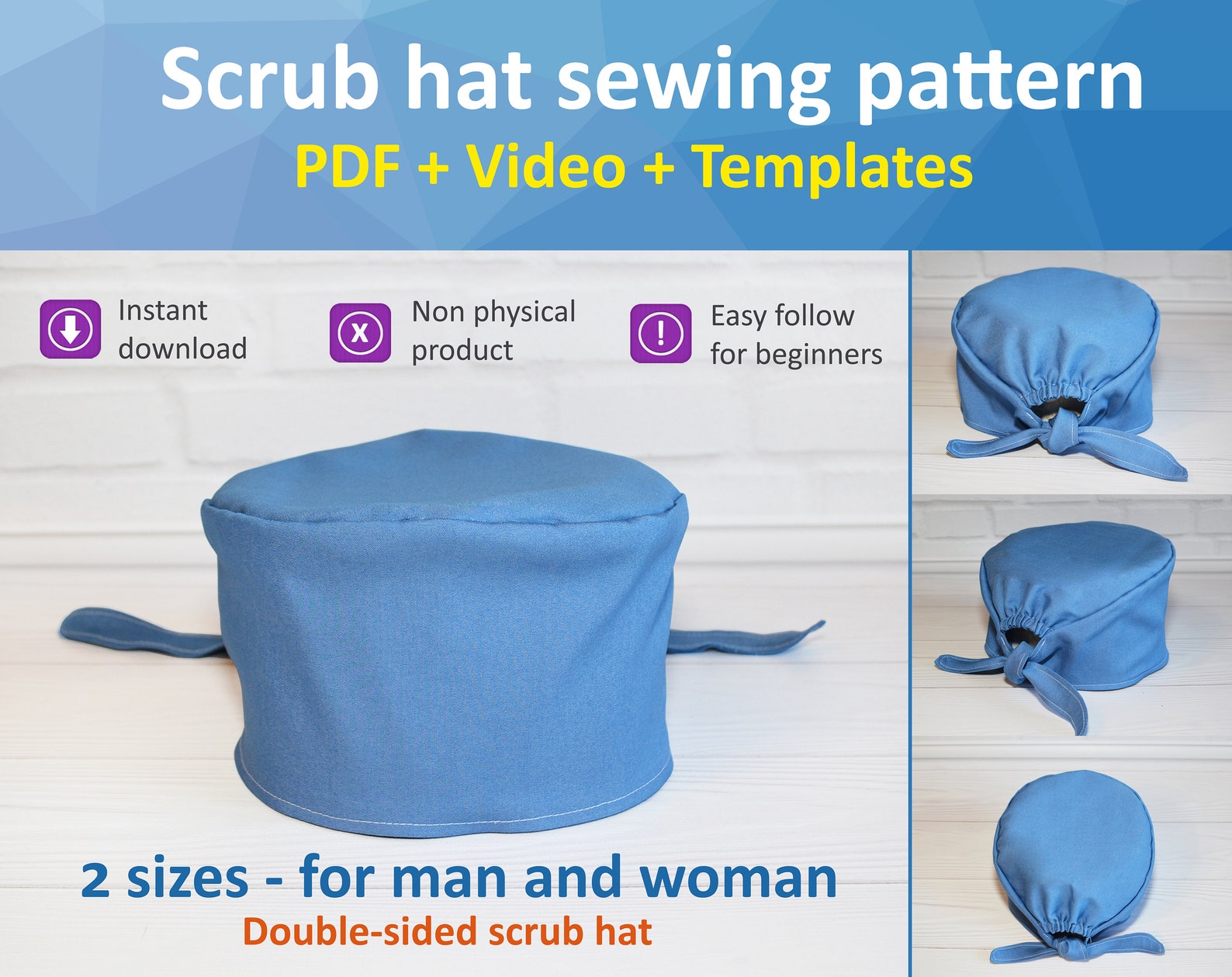 Scrub Cap Pattern Pdf/video Surgical Cap Sewing Instruction 2 Etsy