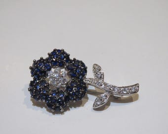 50% Off Clearance!!! Accepting Best Offers!! 750 Estate Glittering Vintage Floral Faux Blue Sapphire CZ Colored Stones Brooch Pin