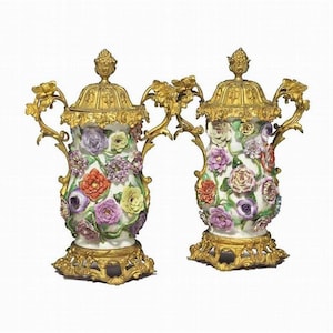 50% Off Liquidation Clearance! 25,000 Pair Large Original 19th C Sevres Style Ormolu Mounted European Porcelain Flower Bronze Lidded Urns