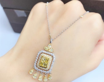 50% Rabatt auf Notfallauflösung !! Akzeptieren von Besten Angeboten !! Neu mit Etikett 9.969 seltene 18KT Gold Fancy Gelbe Diamant Baguette Anhänger Halskette