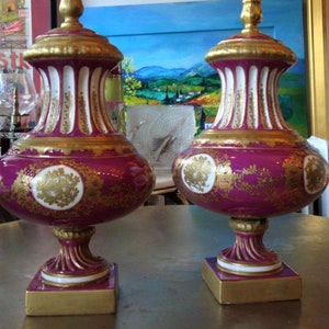 70% Off Liquidation!! Accepting Best Offers! 4,500 Exquisite Pair of Estate 19th Century Sevres Style Pink & Gold Porcelain Lidded Vases
