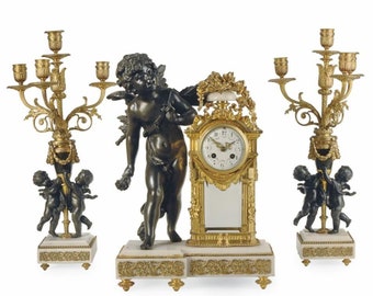 50% Liquidation Clearance!! Accepting Best Offers!! 12,000 Rare 3 Piece Fine Gilt Bronze and Metal Cherub Mantel Clock