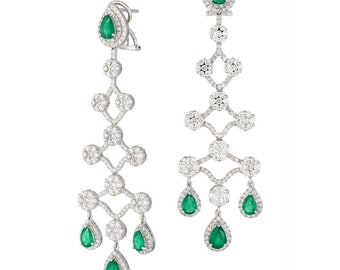 50% OFF Liquidation Clearance!!! Accepting Best Offers!!!NWT 9,300 Rare 18KT Gold Fancy 4.65CT Emerald and Diamond Dangle Draping Earrings