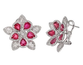 60% OFF Special Liquidation Sample Clearance!!! NWT 18,000 Rare Magnificent 18KT Gold Lrg 6CT Ruby and Diamond Floral Flower Earrings