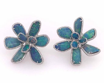 60% OFF Special Liquidation Clearance!! Brand NWT 24,000 Rare Gorgeous 18KT Gold Glittering Large Black Opal Diamond Flower Earrings