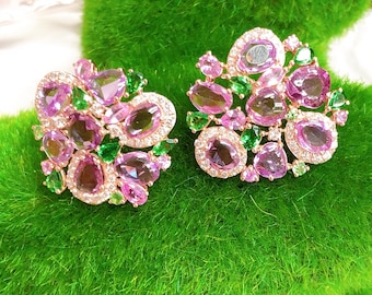 50% OFF Special Liquidation Sample Clearance! NWT 9,189 Rare Magnificent 18KT Gold Lrg 12CT Pink Sapphire and Diamond Floral Flower Earrings