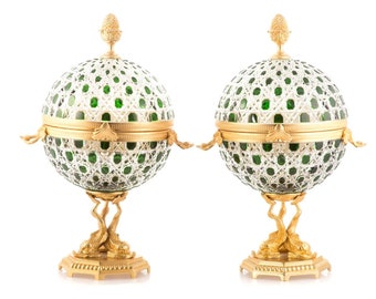 Exquisite Pair of Rare Magnificent French Benito Crystal and Bronze Centerpiece Lidded Liquor Sets!!