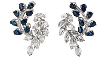 60% OFF Liquidation Clearance!!! NWT 24,000 Rare 18KT Gold Fancy Large Magnificent Blue Sapphire Diamond Floral Petal Leaf Earrings